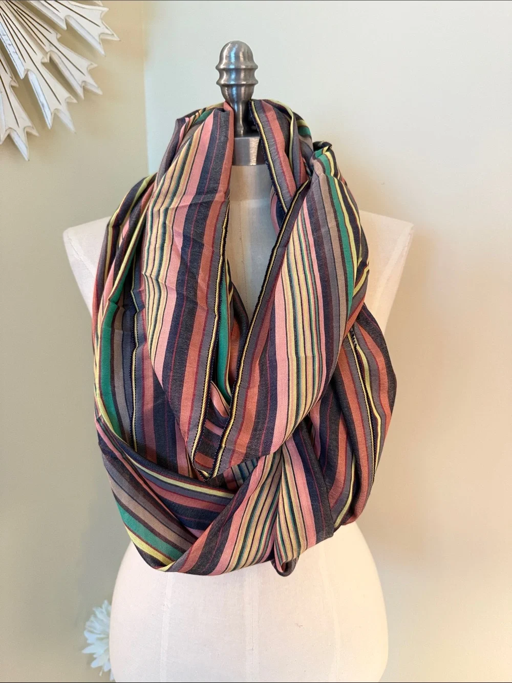 Copper Key Multicolor Striped Infinity Scarf with Pink, Green & Yellow